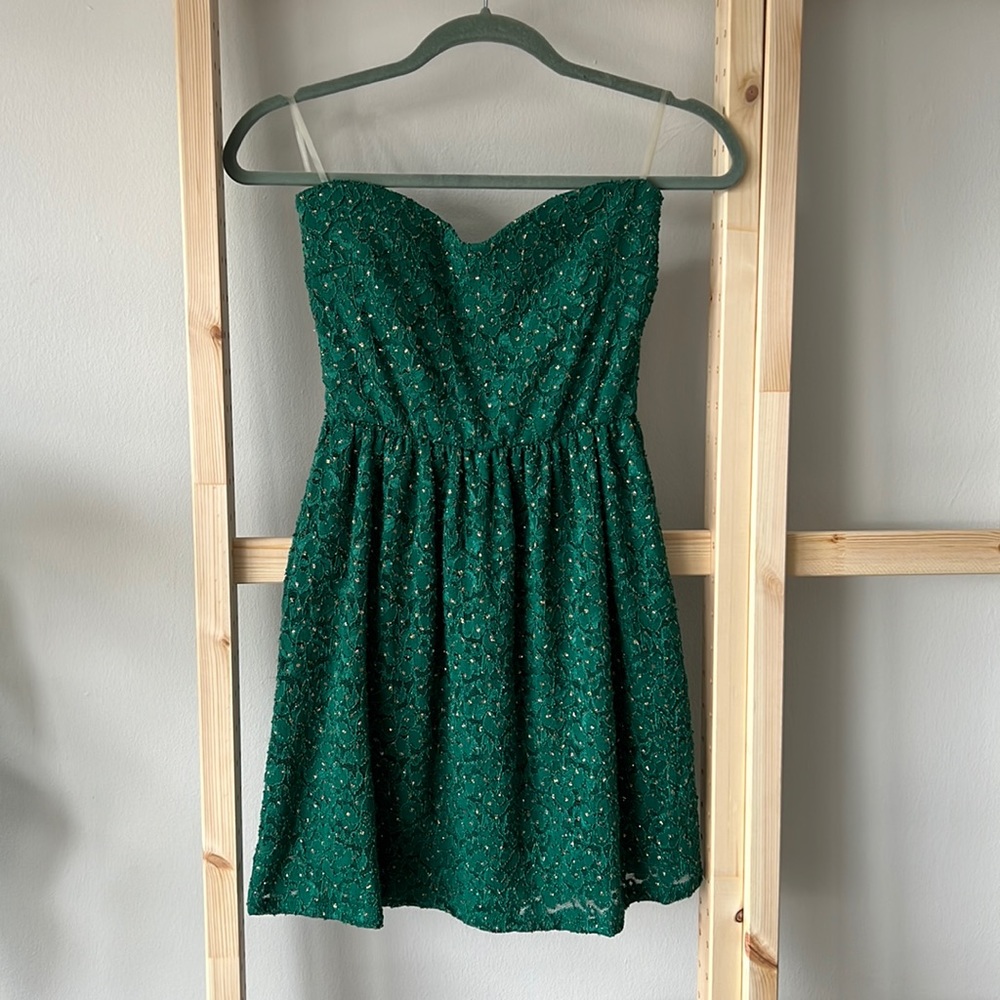 Emerald green strapless mini dress